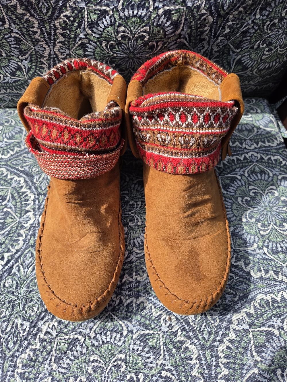 Women’s Suede Moccasin Ankle Boots with Patterned Cuff - Tan Size 9